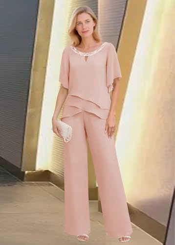 2 Piece Mother of The Bride Pant Suits Women Short Sleeve Pants Suits Sequin Chiffon Dressy Pantsuit for Wedding4