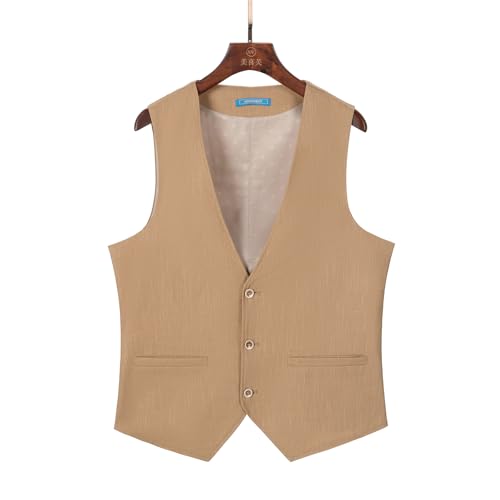 SOLOVEDRESS Men's Summer Leisure Cotton Linen Suit Vest Regular Fit Dress V Neck Waistcoat for Party and Beach3
