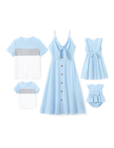 PATPAT Matching Family Outfits Mommy and Me Spaghetti Strap Casual Sleeveless Dresses and Short-Sleeve T-Shirts Sets