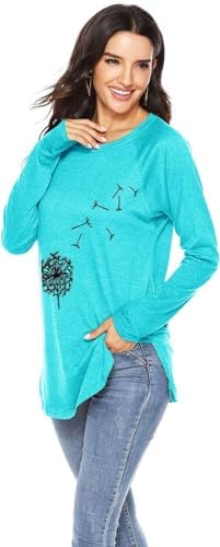 Teesho Damen Longshirt Langarm Elegant Oberteile Löwenzahn Baumwolle Shirt Casual Tops Tunika – Bild 4