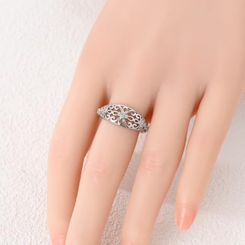 Hapour 925 Sterling Silver Ring for Women, Victorian Leaf Filigree Vintage Ring with CZ Stones Simple Statement Eternity Rings Everyday Unique Wedding Band Size 6-92