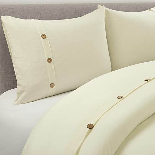 Lush Decor Belgian Flax Linen Blend Duvet Cover Queen Size 3 Piece Set Full/Queen Ivory - Cream Bedding Set Queen - Linen Duvet Cover - Farmhouse Decor