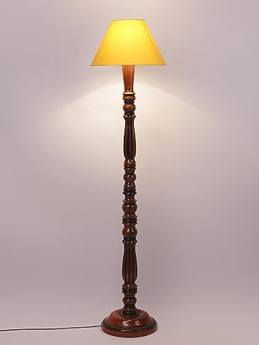 Image of Floor Lamp with Wooden Base - Height 55 inch, Yellow | Modern Standing Lamp for Living Room, Bedroom & Office | Stylish & Elegant Home Lighting Decor | Tall Decorative Lamp