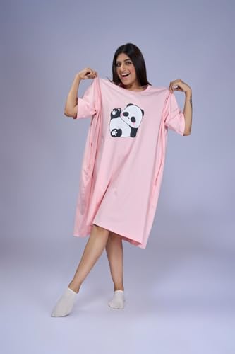 Image of LAMA STORE Women's Printed Oversized T-Shirt Dress, Cotton, 3 /4 Sleeve Length, Casual Loose Fit, Comfort Wear Extra Comfy Oversized Printed Pocket T-Shirt Dress