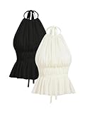 SHENHE Women's Sexy Backless Tie Back Halter Top Ruched Ruffle Hem Going Out Top 2 Pack Black and Apricot Small