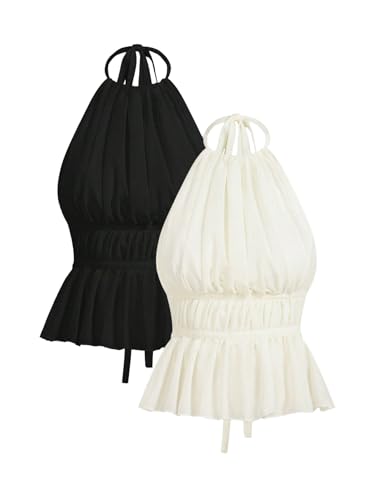 SHENHE Women's Sexy Backless Tie Back Halter Top Ruched Ruffle Hem Going Out Top 2 Pack