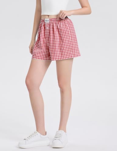 Image of LOMON Womens Boxer Shorts Casual Summer 2026 Pajama Lounge Sleep Pj Gingham Plaid Shorts Y2K Beach Bottoms