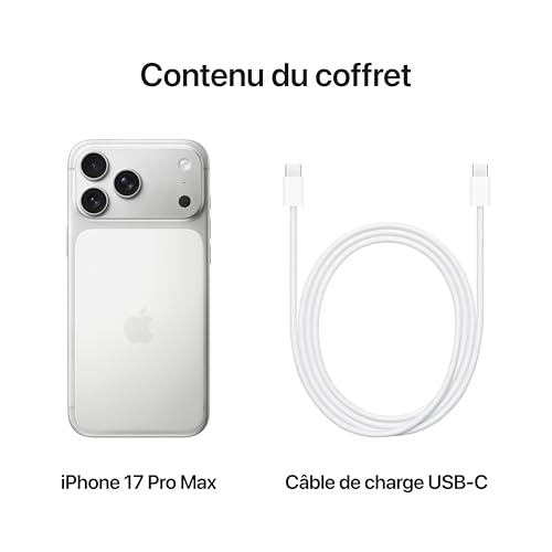 Apple iPhone 17 Pro Max 256 Go : Écran 6,9 Pouces, Puce A19 Pro, Autonomie Record sur iPhone, Système caméra Pro Fusion, Caméra Avant Center Stage ; Argent