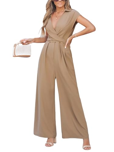 CUPSHE Damen Sommer Jumpsuit V-Ausschnitt Flügelärmel Overall Weites Bein Kreuzgurt Playsuit Büro Elegant Hosenanzug