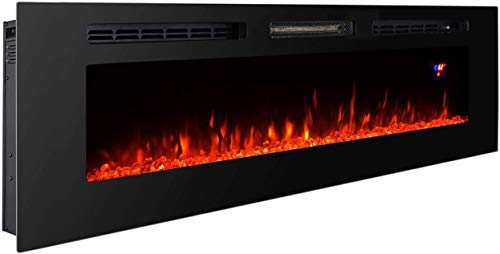 3GPlus 60 Inches Electric Fireplace Wall Recessed Heater Crystal Stone Flame Effect 3 Changeable Color, 2 Remotes, 1500W - Black