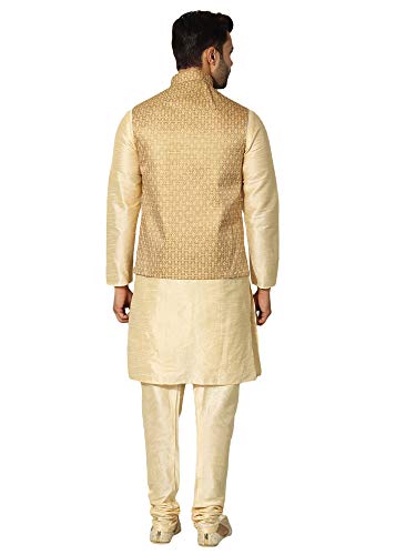 Image of Uri and MacKenzie Men's Silk Blend Regular Kurta Churidar Pyjama with Bundi Nehru Jacket /Waistcoat