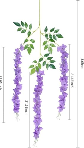 Image of 6 Pcs Artificial Polyester Hanging Flower Wisteria Vines Fake Flowers Vines for Home Party Wedding Garden Outdoor Greenery Decoration (6, Purple)