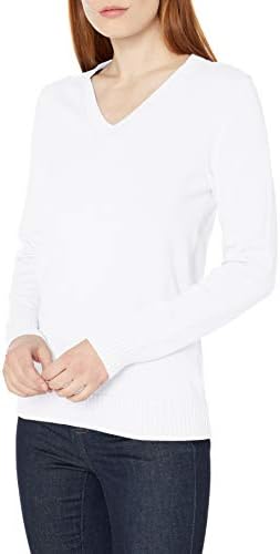 Amazon Essentials Women's 100% Cotton Long-Sleeve V-Neck Sweater, White, Medium