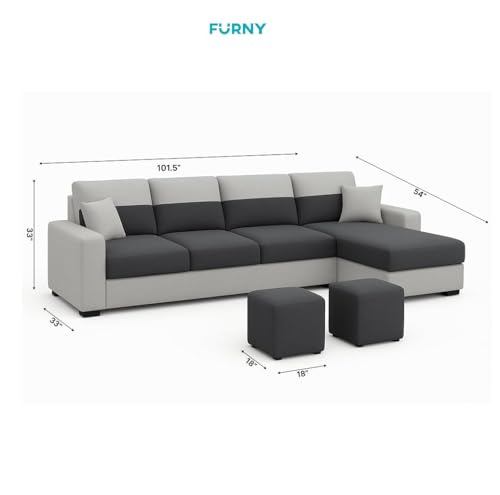 Image of Premium Velora 5 to 6 Seater Fabric RHS with 2 Ottoman L Shape Sofa Set for Living Room | with Velvet Fabric | 3-Year Warranty in Dark Grey & Light Grey Color