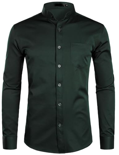 ZEROYAA Men's Banded Collar Slim Fit Long Sleeve Casual Button Down Dress Shirts with Pocket ZLCL09 Deep Forest Green Large