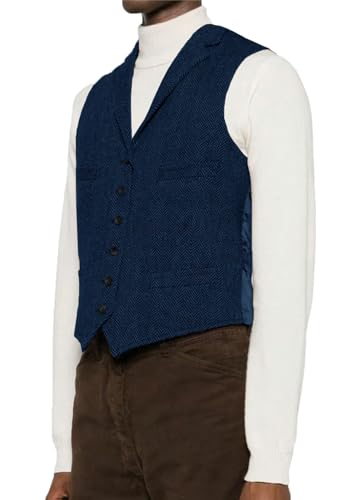 Mens Suit Vest Herringbone Tweed Retro V Neck Wool Blend Waistcoat Slim-Fit for Prom Party