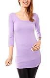 Rundhals Ausschnitt Damen Basic T-Shirt Top lang Longshirt Longsleeve Minikleid Halbarm Rundhals Flieder S/M - 36/38