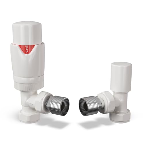 UK Radiators Thermostatic Radiator Valve (TRV) - 15mm Angled Lockshield - Glossy White Colour - Energy Saving 1/2 x 15mm Brass Angled Valve