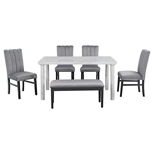 6-Piece Dining Table Set With Marble Veneer Table Wood Rectangular Counter Dining Table With 4 Flannelette Upholstered Dining Chairs & Bench For Kitchen, Dinning Room (White+Grey) #TOP2