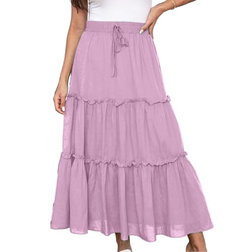 Midi Skirts for Women UK Elasticated Waist - Midi Skirts for Women UK A Line - Knee Length Skirt Tiered Maxi Skirt Cotton Ladies SummerSkirts Long Summer Solid Colorskirt Vacation Outfits Purple