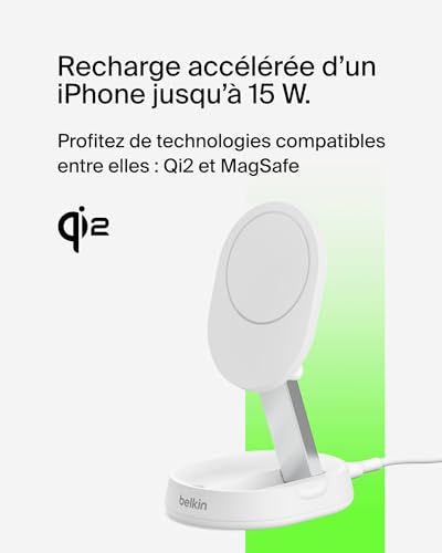 Belkin BoostCharge Pro chargeur sans fil magnétique et pliable, chargeur Qi2 15W, support de recharge Qi2, chargeur induction compatible MagSafe, pour Apple iPhone 16/15/14, AirPods Pro - Blanc