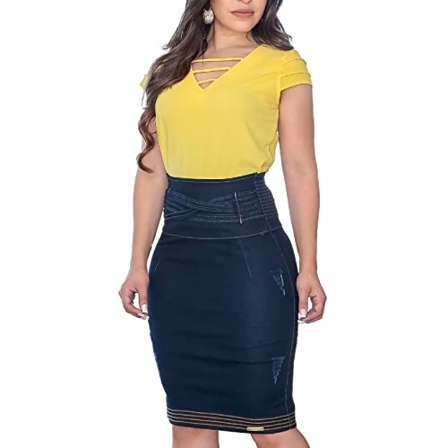 Saia média jeans escuro lápis - Ana Beatriz (GG - 44)