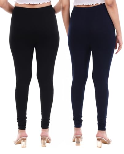 Image of TPF Women Solid Cotton Lycra 4 Way Stretchable Leggings | Combo Pack of 2 Comfortable Churidar-Length Slim Fit Leggings for Women & Girls