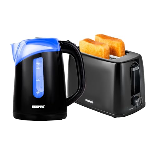 Geepas 650W 2 Slice Bread Toaster & 2200W Illuminating Electric Kettle Combo Set - 1.7L Cordless Jug Kettle for Hot Water Tea, Toaster with 6 Level Browning Control, Cancel - 2 Year Warranty Black