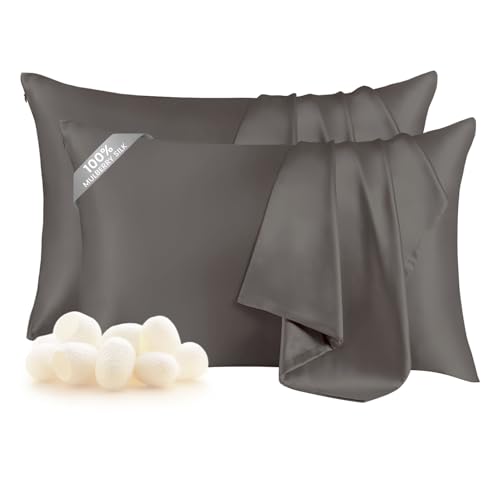 THXSILK Set of 2 100% Mulberry Silk Pillowcases for Hair and Skin, Both Sides 19 Momme Pure Natural Silk Pillowcase, Soft Breathable Zipper Pillow Cases Queen Size 20"x30", Dark Grey