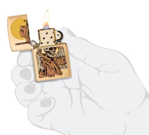 Image of Zippo Wild West Skeleton Design Brushed Brass, Windproof Pocket Lighter, Without Fuel and Gas