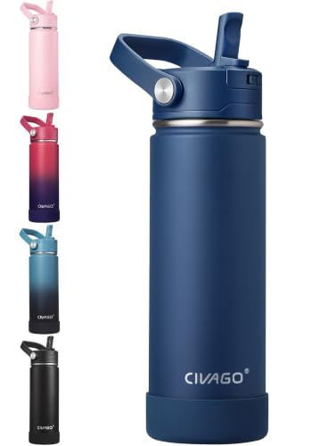 Image of CIVAGO Insulated Stainless Steel Water Bottle with Detachable Straw, 500ml Metal Sports Drink Bottle with Bucket Handle, Leakproof Reusable Flask with Silicone Boot for School, Dishwasher Safe, Navy