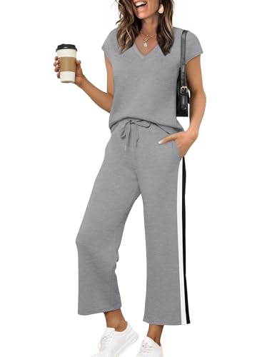 Image of Saloogoe Two Piece Sets for Women Summer Outfits Lounge Sets V Neck Tops Wide Leg Pants Woman Vacation Travel Outfits
