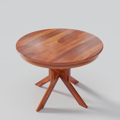 Image of Solid Sheesham Wood 4 Seater Round Dining Table Set with 4 Green Cushioned Chairs | Wooden Dining Table Set for Home, Kitchen, Dining Room & Restaurant | Dining Table Set 4 Seater | Honey Finish