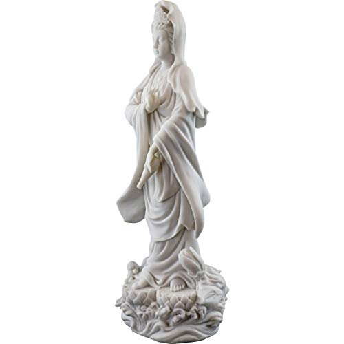 Estatua Quan Yin en pedestal de loto acabado mármol blanco miniatura 2