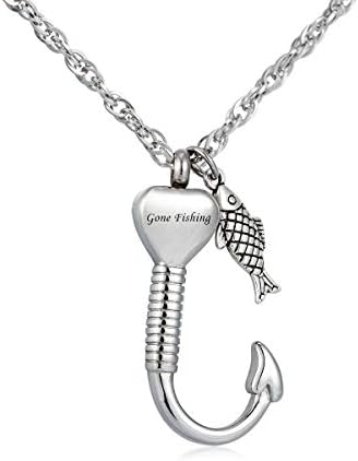 Gredstar Gone Fishing Urn Necklace for ashes Fish hook Cremation Urn Pendant Fishing in heaven Keepsake Jewelry (SILVER)