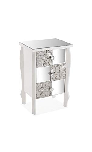 SuskaRegalos - Mesita Noche Blanca y Plateada con Espejos - 45x33,5x70,5cm- Madera MDF -
