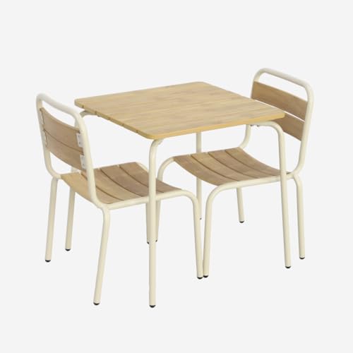 sweeek - Table de Jardin Enfant Acier et décor Bois + 2 assises Beige - Suzie
