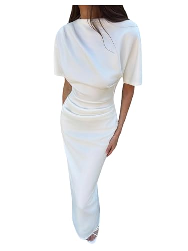 Floerns Women's Elegant Short Sleeve Maxi Dress Split Bodycon Ruched Wedding Guest Dress White Medium