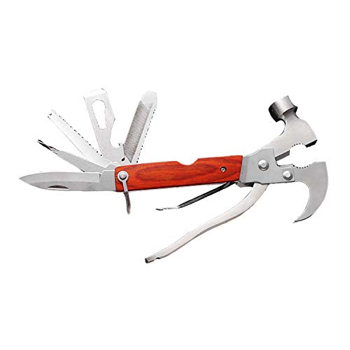 13 in 1 Portable Survival Multitool Pocket Mini Hammer Ergonomic Design Metal Construction Wood Inlay Handle Multifunctional Hammer Tool for Outdoor Survival,Camping, Fishing, Hiking.