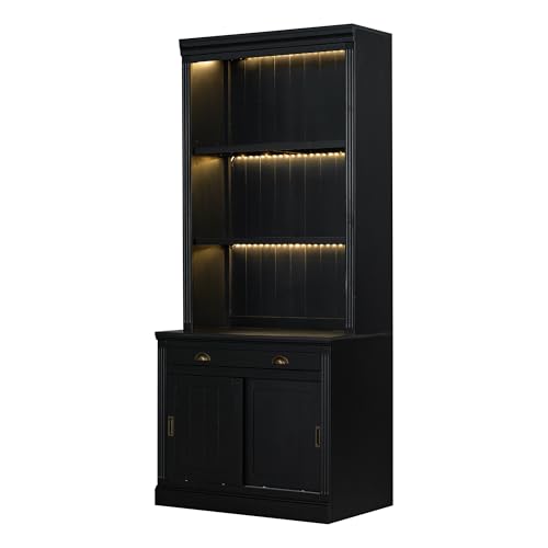 Image of Bookshelves and Bookcases with Sliding Doors and Open Shelves Floor Standing Display Storage Shelves,83.4 inch Tall Bookcase with 3-Layer LED Lightings for Home Office, Living Room,Black