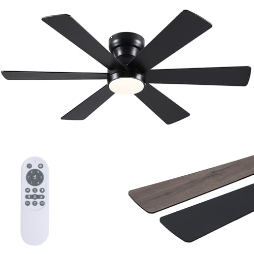 Asyko Ceiling Fans with Lights,46' Low Profile Ceiling Fan with Light and Remote Control,Flush Mount, Reversible, Dimmable, Noiseless, Black Ceiling Fan for Bedroom