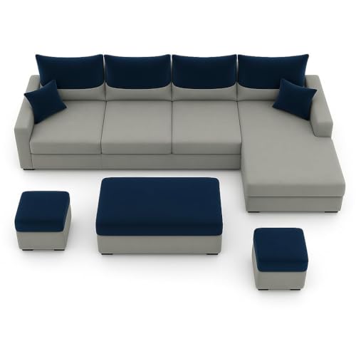Image of FURNY Premium Huster 8 Seater Fabric RHS L Shape Sofa with 2 Ottoman + 1 Centre Table Ottoman Set for Living Room | with Velvet Fabric in Dark Blue & Light Grey