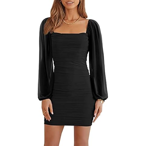 Wenrine Women's Mesh Long Sleeve Square Neck Ruched Party Club Cocktail Bodycon Mini Dress Black Cover