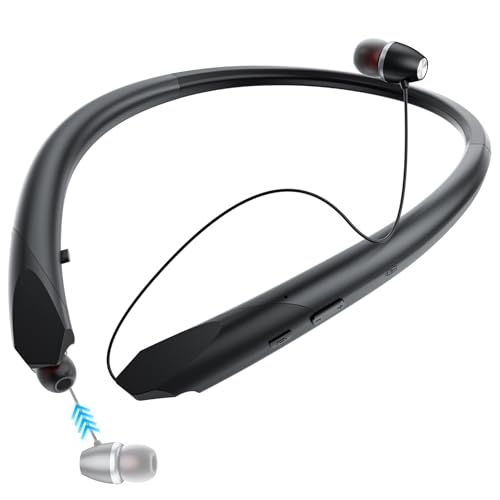 LHKLUK Bluetooth Headphones Neckband, Retractable Wireless Headset with Mic, IPX5 Sweatproof Earphones, Noise Cancelling Stereo Earbuds for Sports, Running, Driving, Workouts (Black)