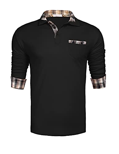COOFANDY Men's Classic Fit Casual Long Sleeve Plaid Collar Polo Shirt, Long Sleeve Black, Large