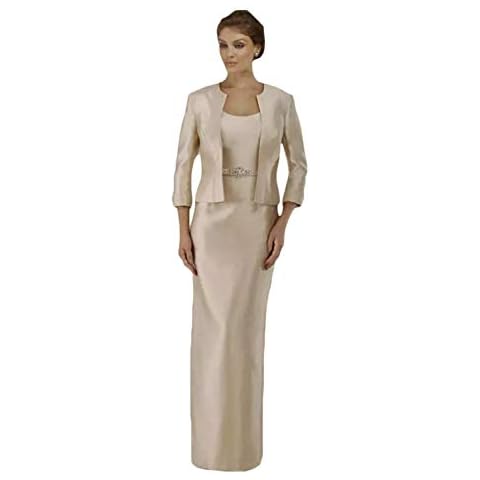 Scoop Neck Evening Gown with Jacket Long Sleeves Taffeta Two Piece Mother of The Bride Dress Set Apricot Size 24W Cover