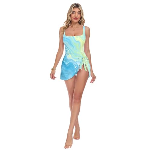 Maillot de bain une pièce motif marbre bleu ciel avec jupe fluide