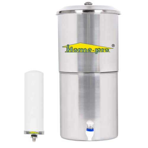 Home-Pro - Gravity Water Filter and Purifier | 16 Liters Total Capacity (8L Bottom & 8L Top) Made with Stainless Steel |Includes 1 Creamic Long Candle and Food Grade Plastic Tape