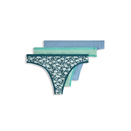 Jockey Tanga elástica con logotipo de algodón orgánico para mujer, paquete de 3, Coastline/Opulent Jade Heather/Frayed Teal Floral, Large