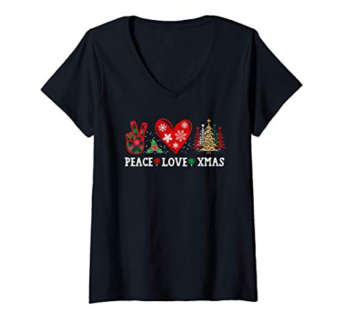 Mujer Peace Love Christmas Tee with Leopard Trees & Buffalo Plaid Camiseta Cuello V